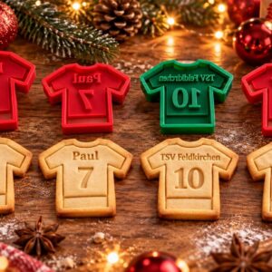Personalisierter Trikot-Ausstecher mit Name & Nummer | Fußball Keksform | Plätzchenausstecher | Geschenk für Fans, Vereine und Weihnachten