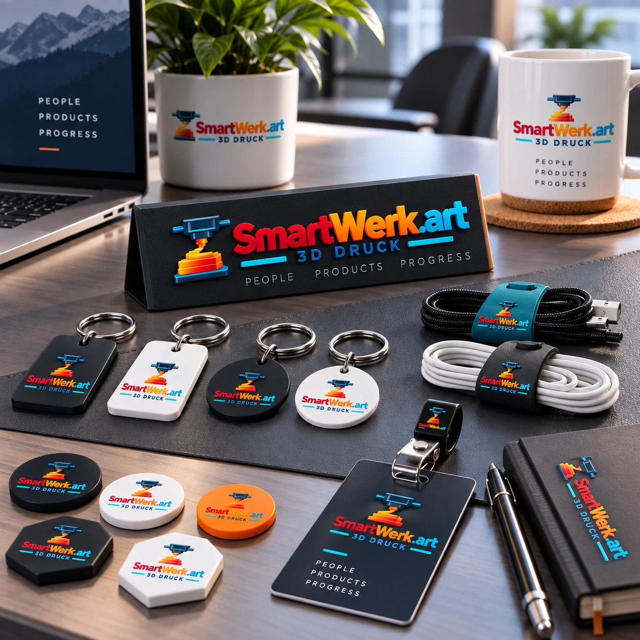 SmartWerk Merchandise-Mockup für Firmen und Vereine mit Logo-Schlüsselanhängern und weiteren 3D-Druck-Artikeln