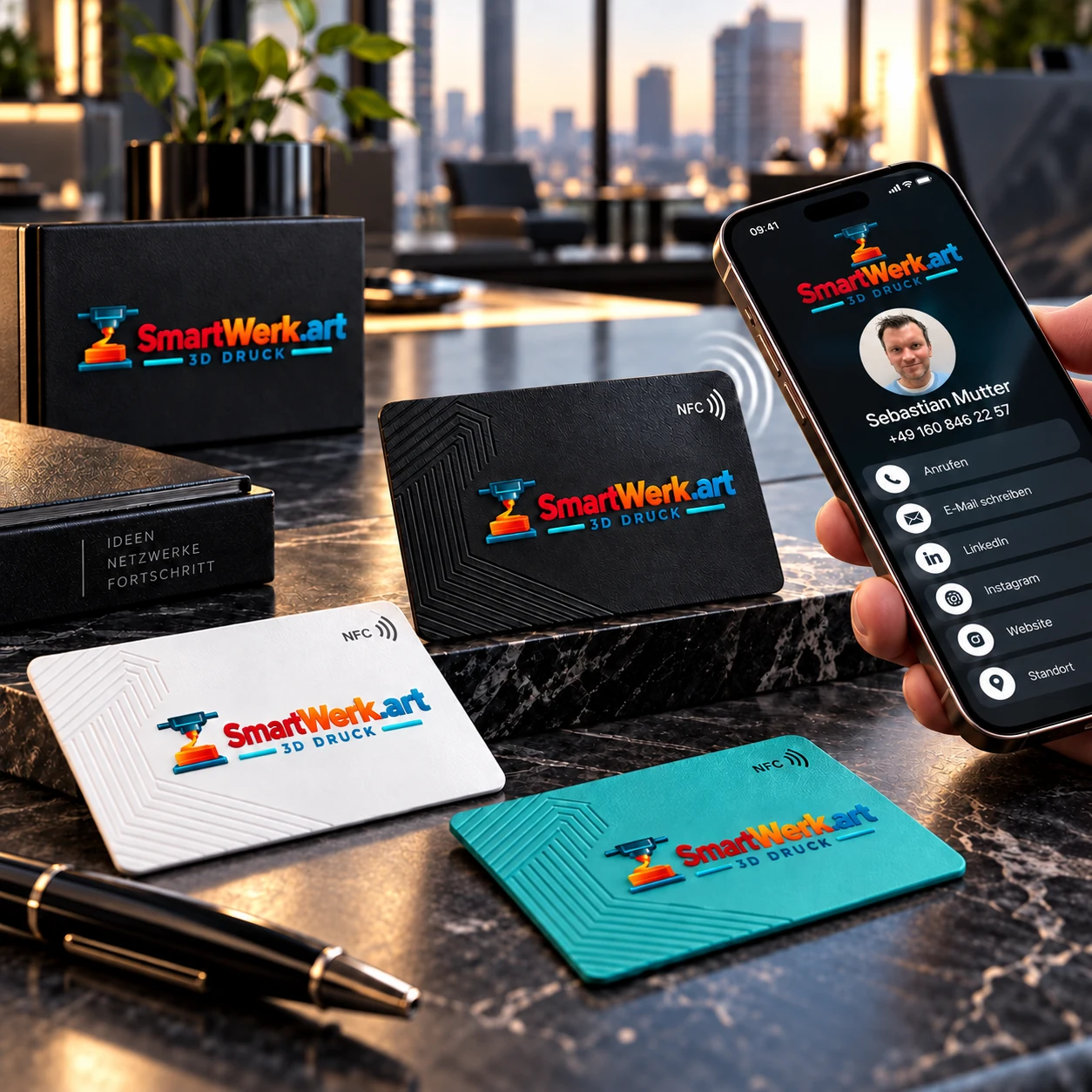 SmartWerk.art NFC-Visitenkarten mit digitalem Kontaktprofil als Produkt-Mockup