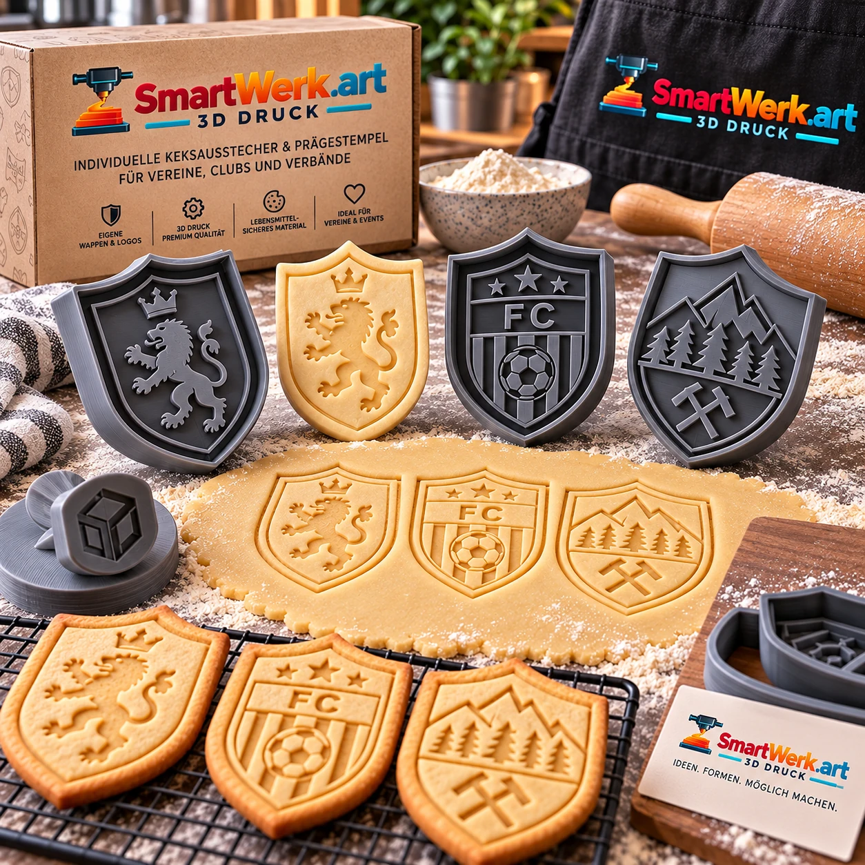 SmartWerk.art Mockup: 3D-gedruckte Ausstecher und Prägeformen mit Vereinswappen
