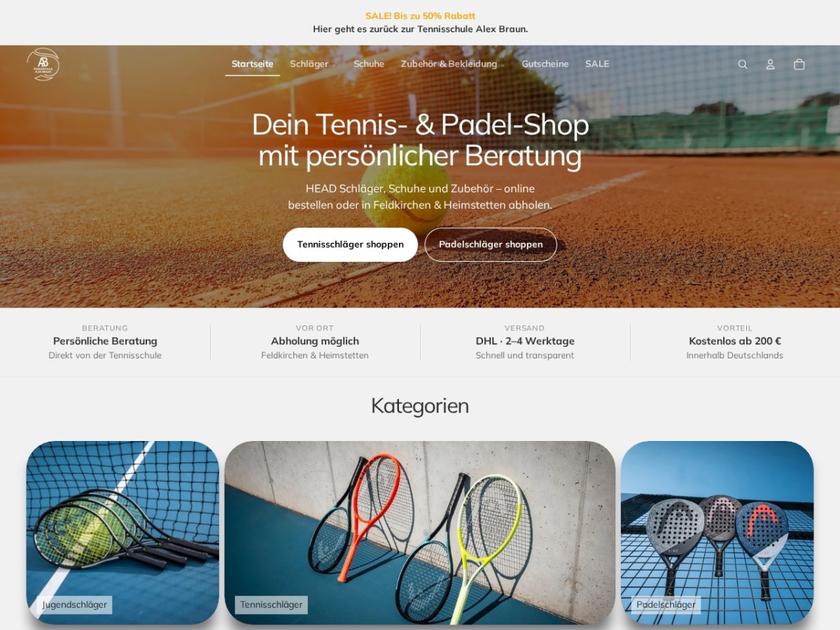 Startseite des Tennisschule Alex Braun Shops