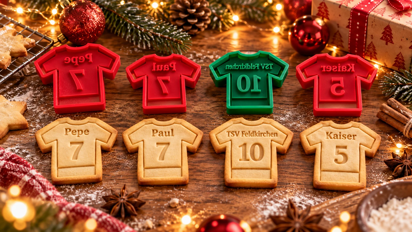 Weihnachtliche 3D-gedruckte Fußball-Trikot-Ausstecher mit spiegelverkehrten Namen Pepe, Paul, TSV Feldkirchen und Kaiser und passenden geprägten Plätzchen